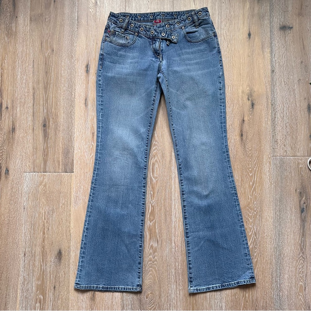 Vintage 90s Y2K Parasuco Jeans Light Blue Flare Asymmetrical Waistband - Size 32 - Picture 9 of 10